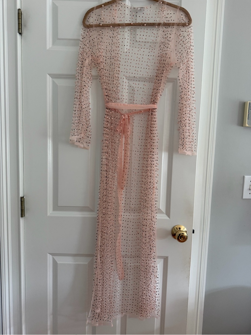 Blush Pink Mesh Pearl Rhinestone Duster Cardigan Cover-Up Size M - Picture 6 of 12